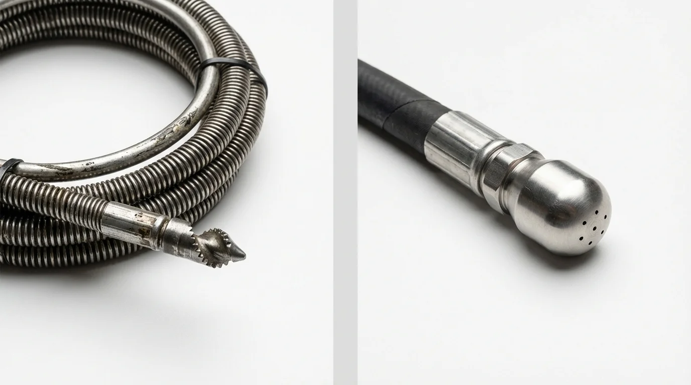 Drain snake cable and hydro jetting nozzle used for drain cleaning in Chariton, IA