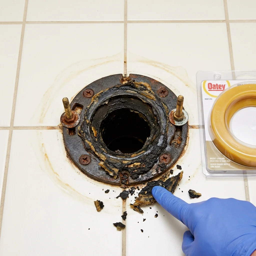 Failed wax ring showing water seepage at the base of a toilet in a Chariton, IA home
