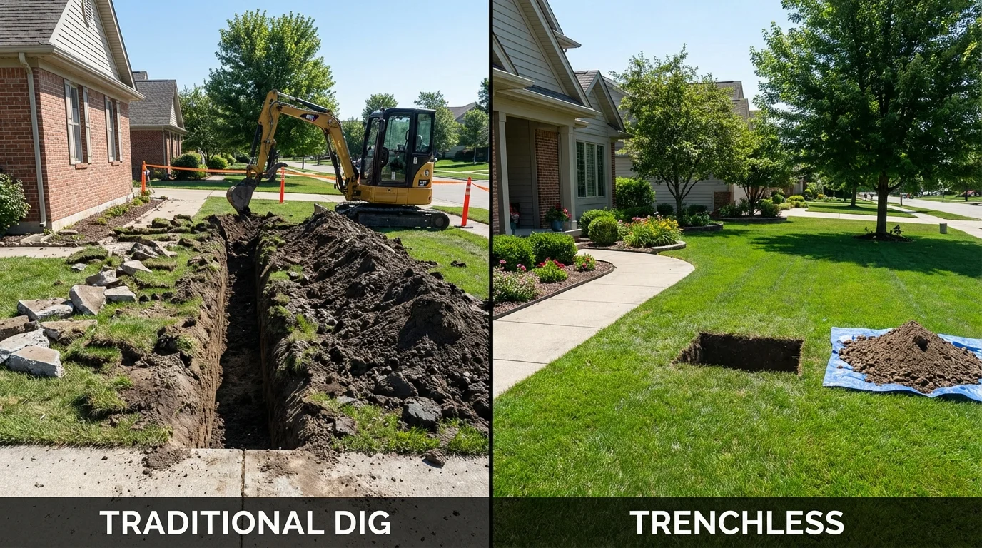 Trenchless sewer repair with minimal yard damage versus traditional excavation in Chariton, IA