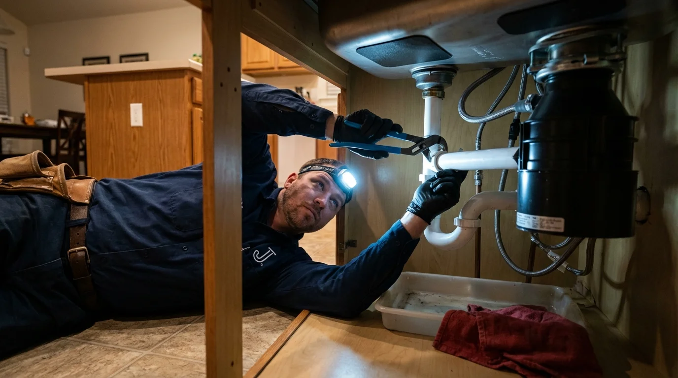 P-trap and supply line connections under a kitchen sink showing a common leak point in Chariton, IA